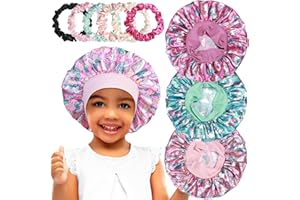 HENIHO 3pcs Satin Bonnets for Kids Sleeping, Cute Hair Bonnet with Scrunchies for Girls Curly Hair, A
