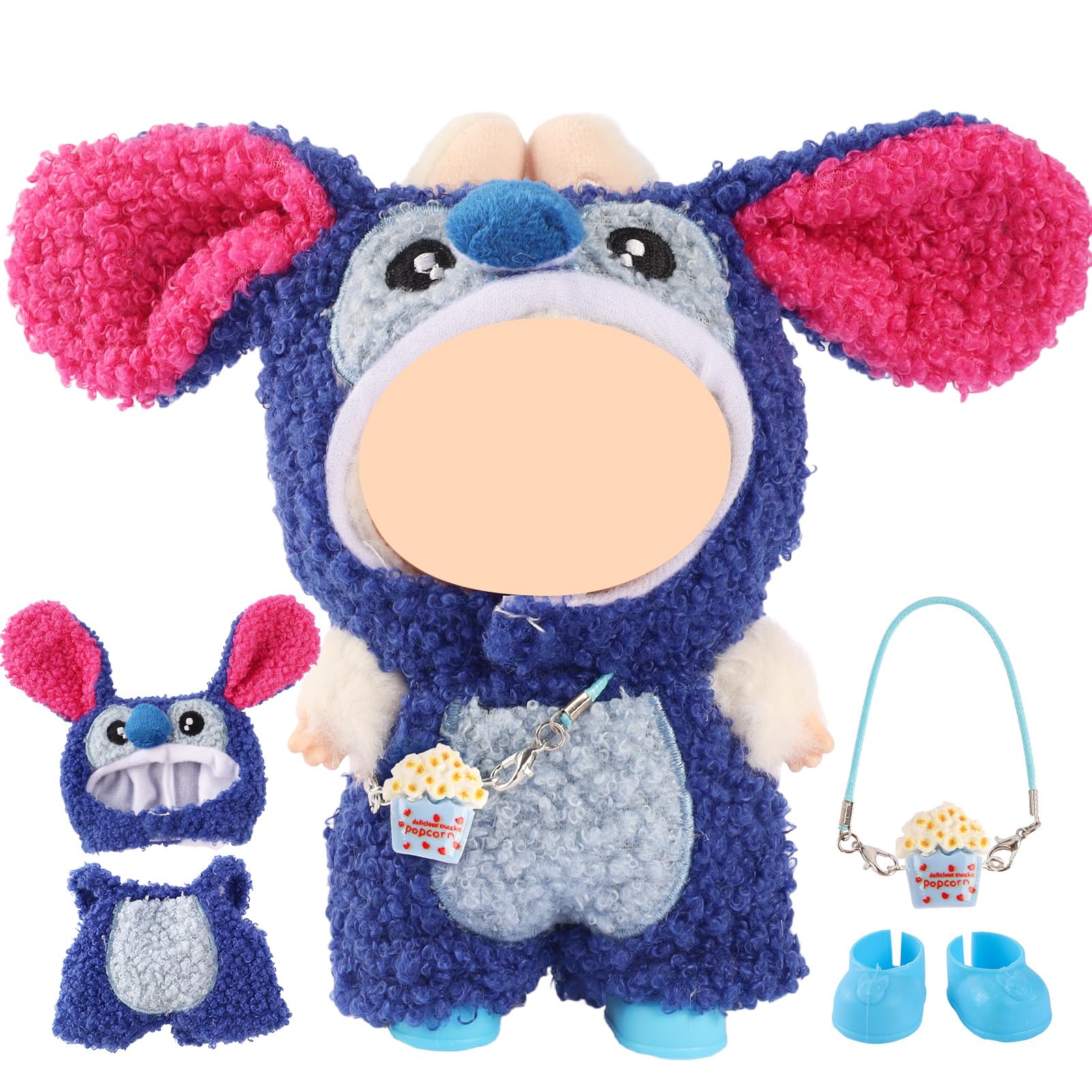 4Pcs Blue Plush Doll Clothes Set for 17cm Dolls, Cute Cartoon Doll Clothing Accessories with Head Cover, Jumpsuit, Shoes, Small Ornaments, Cuddly Toy Outfit Gifts for Girls and Boys (Only Clothes )