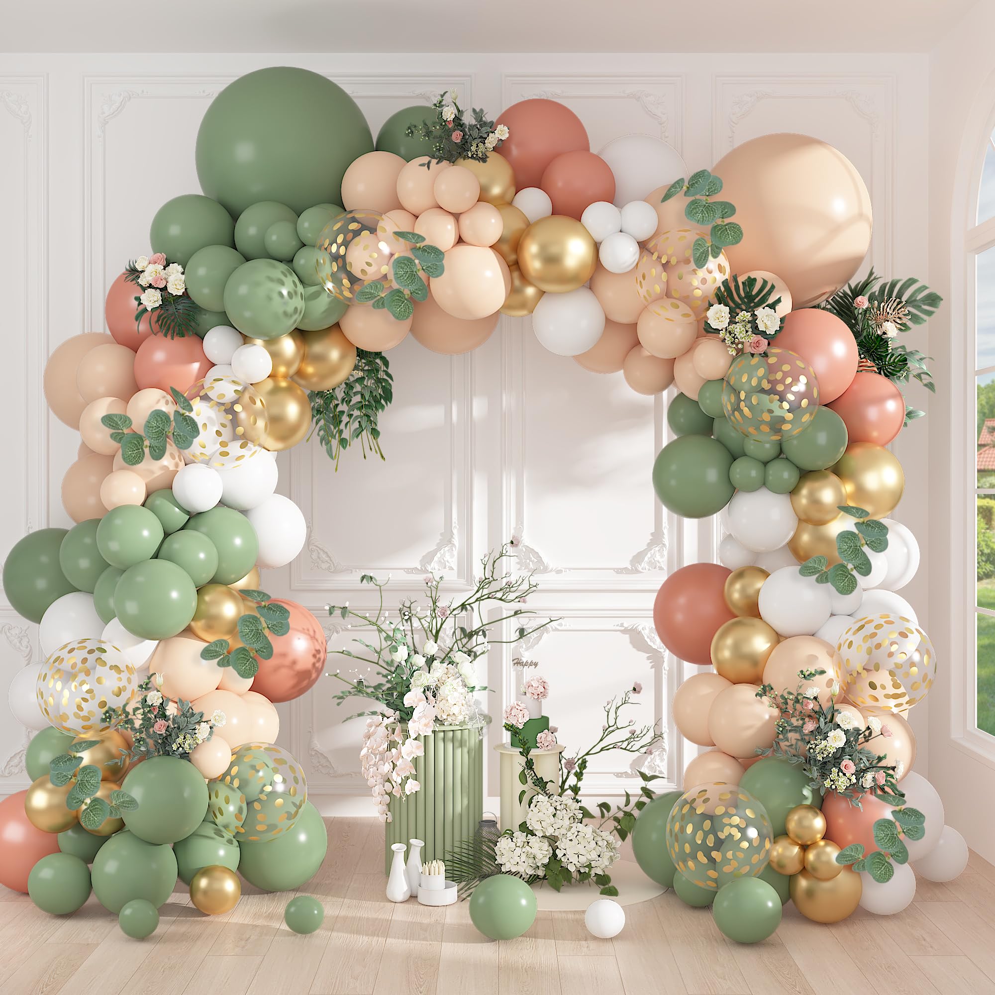 Photo 1 of 166Pcs Sage Olive Green Blush Peach Balloon Garland Arch Kit Orange White Green Gold Balloons Eucalyptus for Tropical Wedding Jungle Safari Greenery Baby Shower Birthday Party Decorations