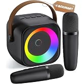 Mini Karaoke Machine,Portable Bluetooth Speaker with 2 Wireless Microphones | 360&deg; Surround Sound,5 Voice Effects,Bluetooth 5.0,LED Lights, TF/USB/AUX, For Kids and Adults, Family Home Party and Gifts