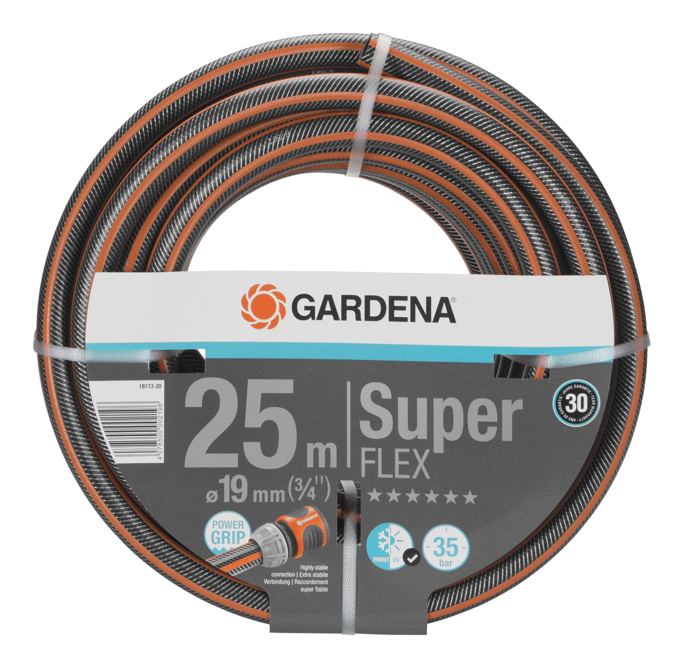 Gardena Premium Superflex Hose 19 mm (3/4 inch), 25 m: Garden Hose with Power-Grip Profile, 35 bar Bursting Pressure, Highly Flexible, dimensionally Stable, UV Resistant, Leak-Free (18113-20)