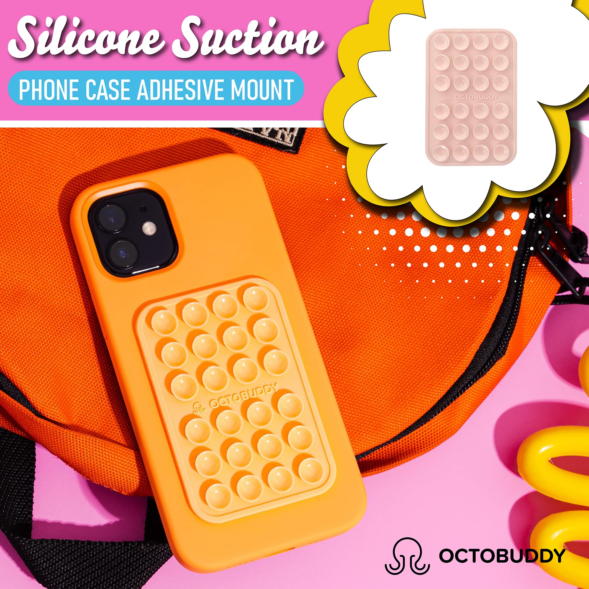 OCTOBUDDY Classic - Silicone Suction Phone Case Adhesive Mount - Hands-Free, Strong Grip Holder for Selfies and Videos - iPhone and Android Compatible - 2.25″ x 3.25″, Chalk Pink