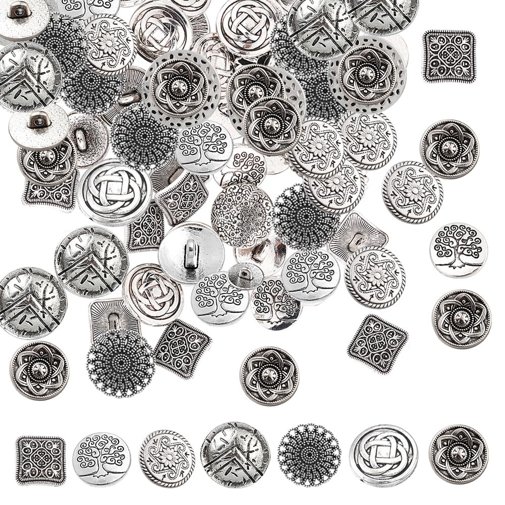 OLYCRAFT 70Pcs Hole Alloy Shank Buttons Antique Silver Flower Tree Metal Button Vintage Pattern Decorative Buttons Metal Blazer Button Set for Coat Sewing Crafts Decorations — image 1