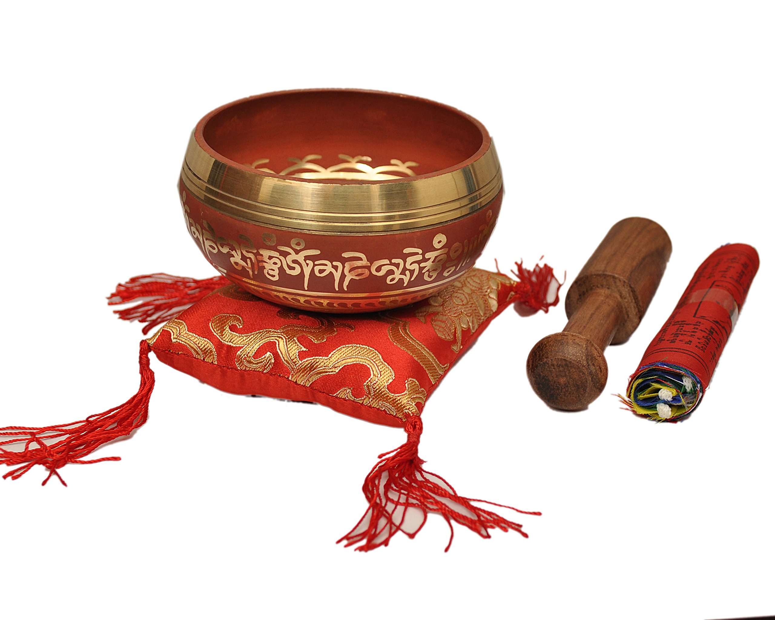 Tibetan Singing Bowl Set By Dharma Store - With Traditional Design Tibetan Buddhist Prayer Flag - Handmade in Nepal (Red)