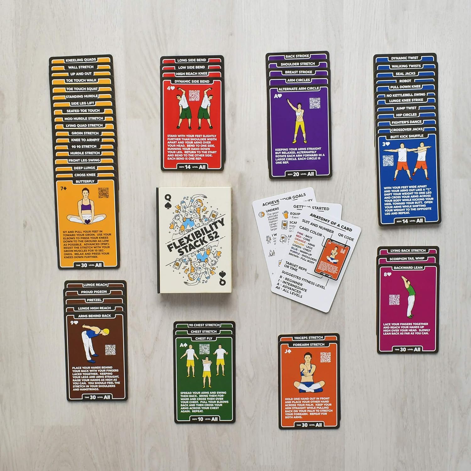 Stack 52 Flexibility Exercise Cards. Learn Static and Dynamic Stretches. Video Instructions Included. Perfect for Workout Warm Ups and Cooling Down. Increase Joint Range of Motion. (Updated Deck) - Image 5
