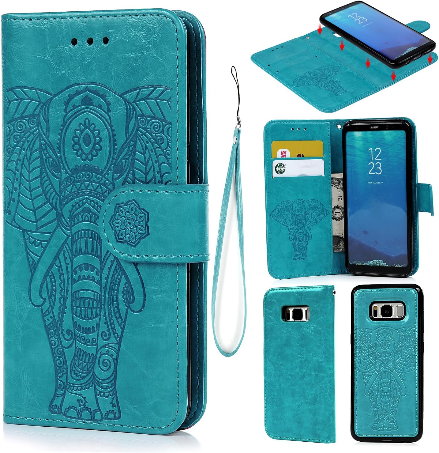 Galaxy S8 Case, Wallet Case PU Leather Cover Oil Wax Embossed Elephant