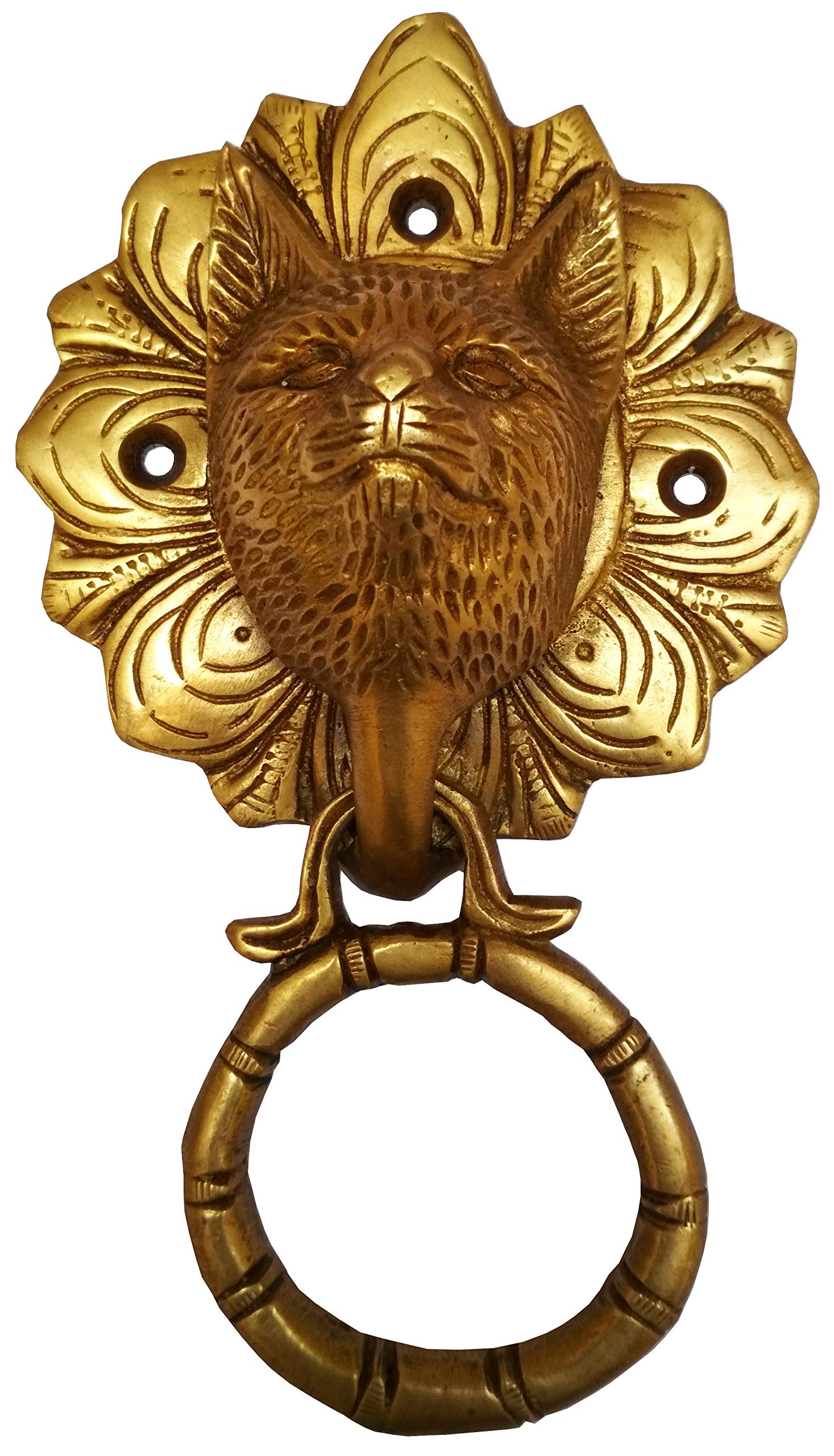 Purpledip Brass Door Knocker: Antique Cat Face Design Gate Handle (11596)
