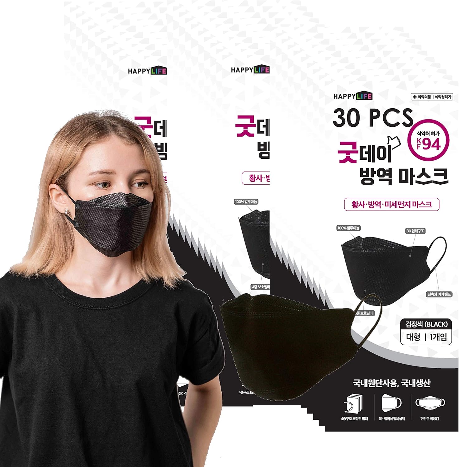 (Pack of 30) Good Day Korea Black KF94 Face Mask Made in