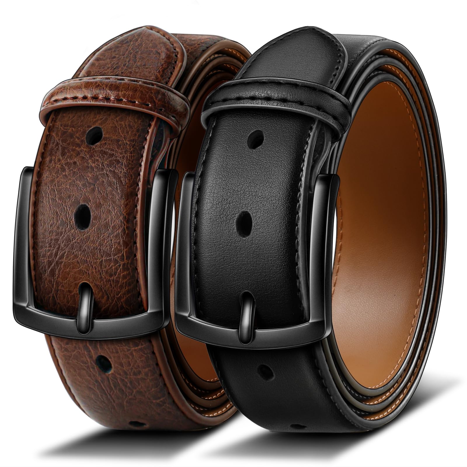 BULLIANT Men Belt 2Pack-Leather Belt 7Holes Comfortable For Men's Dress Casual Jeans 1 3/8