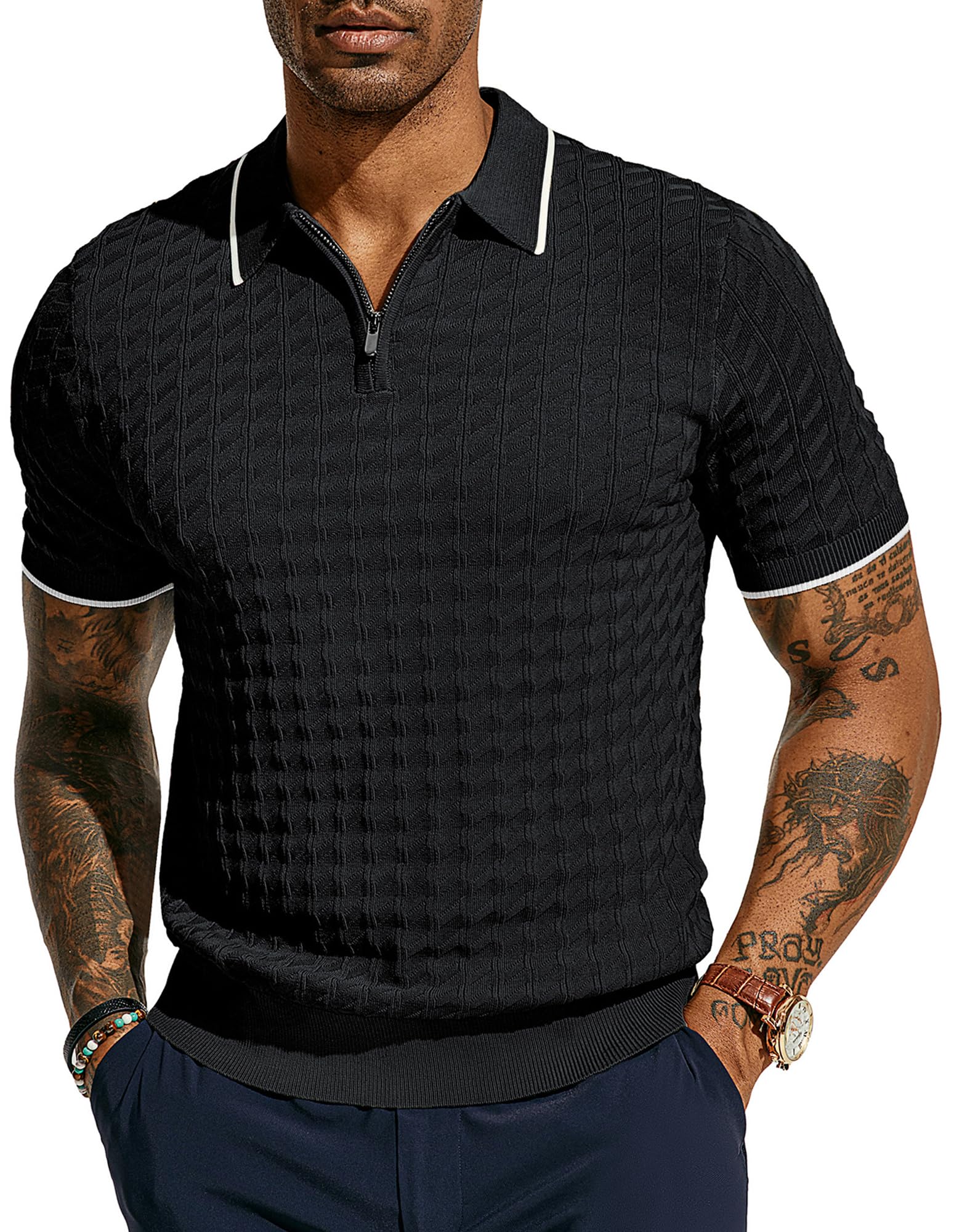 Photo 1 of PJ PAUL JONES Knit Shirts for Men Quarter Zip Texture Polo Shirts Black