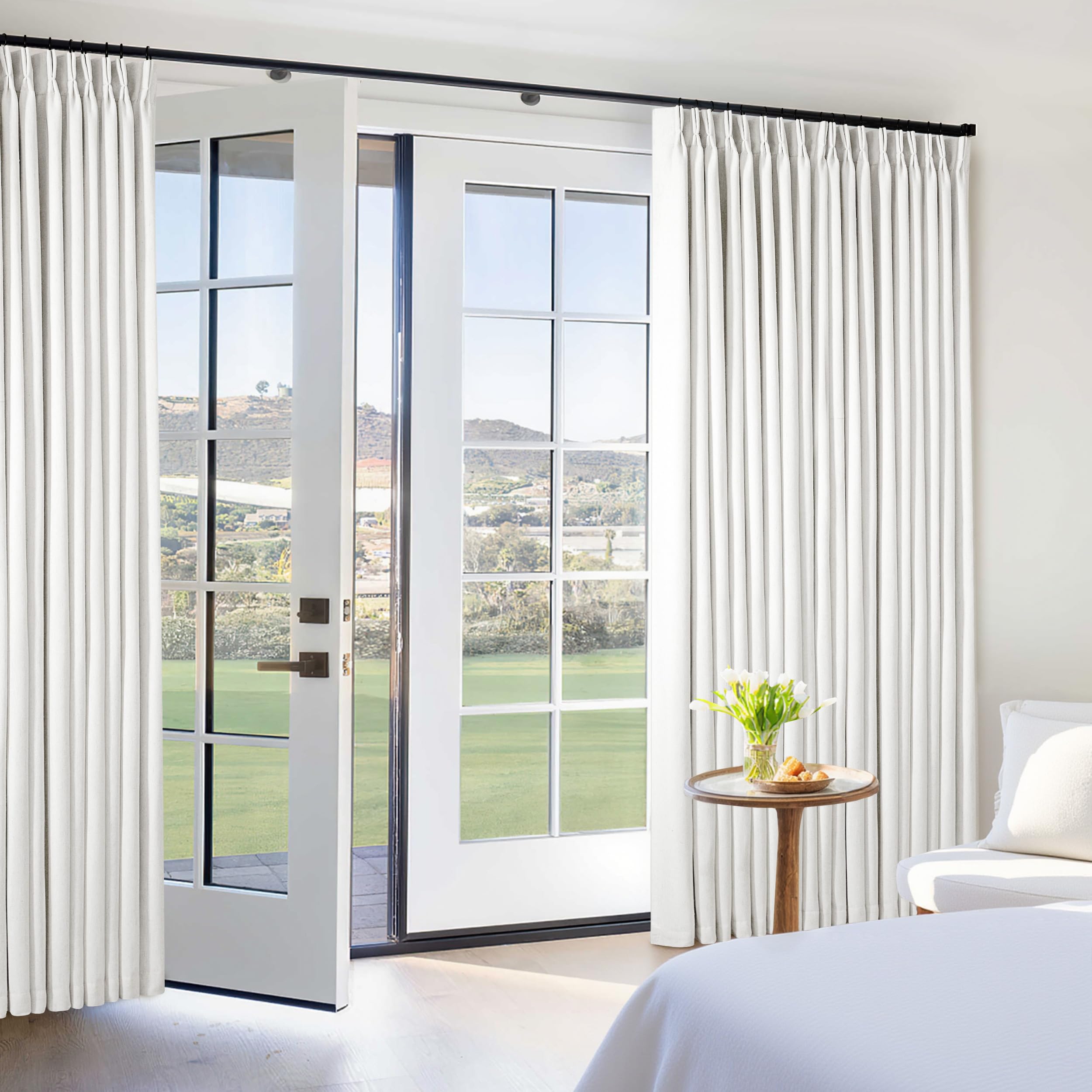 Photo 1 of Blackout Linen Curtains 108 Inches Long 60 Inch Wide for Living Room Bedroom Pinch Pleated Back Tab Thermal Insulated 100% Black Out 2 Layer Window Drapes for Sliding Door Beige White 60x108 1 Panel
