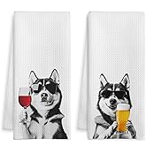 WOTYPU Funny Siberian Husky Kitchen Bar Towels, Gifts for Husky Lovers, Wine Beer Lovers Gifts Decorative Hand Towels for Kitchen Bar Cart Decor, 16x24 Inch Set of 2