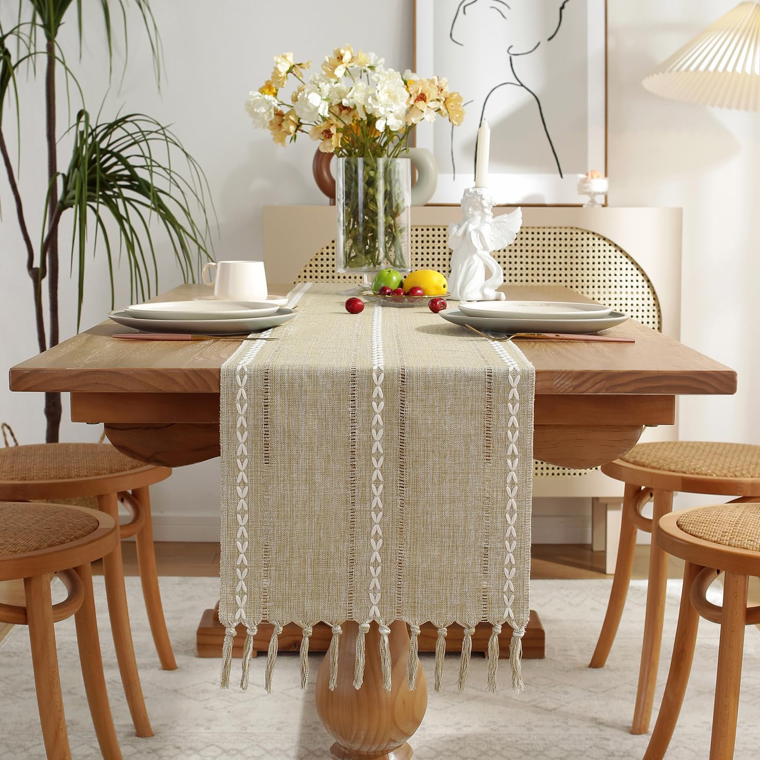 Wracra Hemstitch Cotton Linen Table Runner Farmhouse Style Almond Yellow Table Runner 180cm Long with Hand-tassels for Dining Kitchen Party and Dessert Table Decor(Almond Yellow, 180cm)