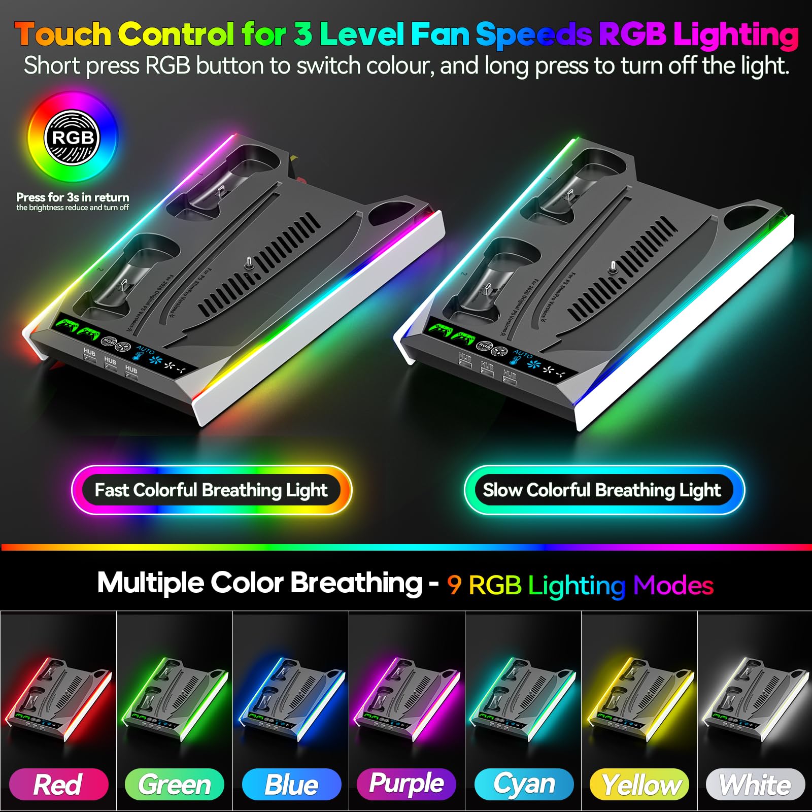 PS5/PS5 Slim/PS5 Pro Ständer für Disc & Digital, 3-stufiger Auto PS5 Lüfter und RGB LED mit PS5 Controller Ladestation für PS5 & Edge Controller, PS5 Zubehörsets mit 3 Ladeanschlüssen 7