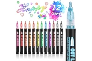 Hoxida Outline Marker Self-outline Metallic Markers, 12 Colors Double Line Outline Markers, Super Squiggles Shimmer Glitter Pen Set for Christmas Greeting Card, Kid Drawing, Doodling,DIY Art Crafts