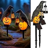 Dazzle Bright 2 Pack Halloween Crow Pathway Lights Outdoor, Solar Powered Resin Crow with Pumpkin Walkway Lights, Stake Light for Halloween Pathway Garden Lawn Yard Gifts Decoration