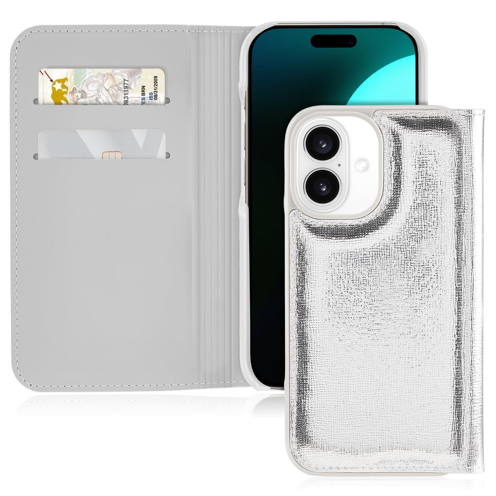 kate spade new york Wallet Folio iPhone 16 Case - Compatible with Wireless Charging - Designer Phone Case - Metallic Silver