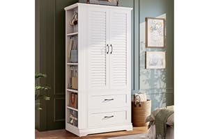IRONCK Armoire Wardrobe Closet, 70.87" H Wooden Bedroom Armoire with 2 Louvered Doors, 2 Drawers and Shelves, Large Freestanding Clothing Storage Cabinet, White