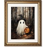ARPEOTCY Gold Framed Canvas Art Prints, Vintage Halloween Decor, 13x16inch, Cute Ghost Pumpkin Decor for Bedroom Kitchen Living Room Shelf Nursery, Dark Academia Gothic Pictures