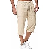 HangNiFang Men's Long Linen Shorts Below Knee Pocketed 3/4 Summer Drawstring Capri Pant