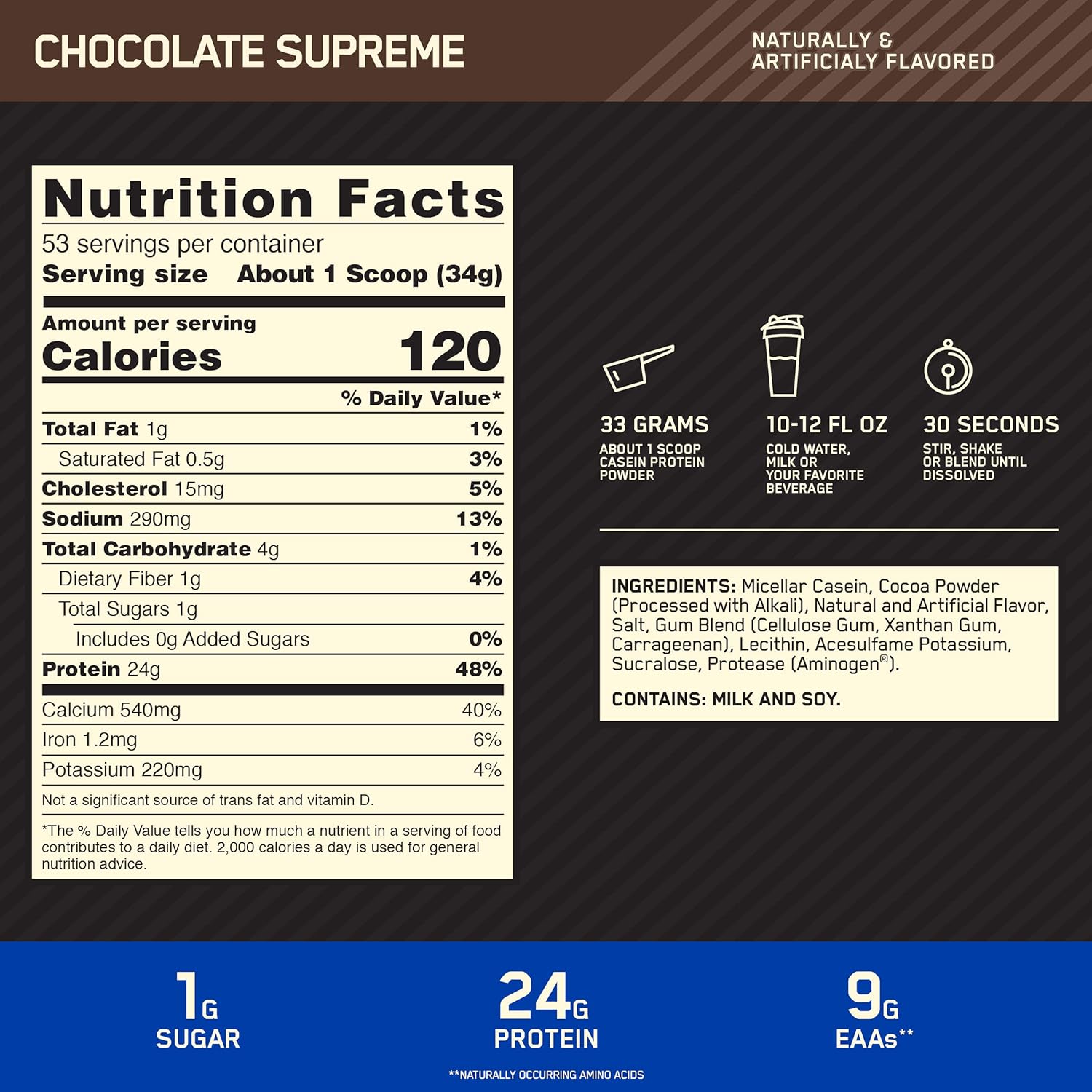 Optimum Nutrition Gold Standard 100% Micellar Casein Protein Powder, Slow Digesting, Helps Keep You Full, Overnight Muscle Recovery, Chocolate Supreme, 4 Pound (Packaging May Vary): Health & Personal Care