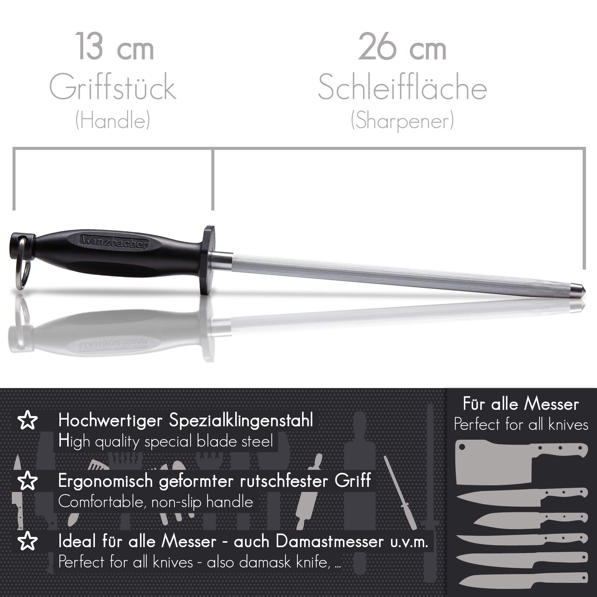 Winzbacher Wetzstahl [39cm] Profi Messerschärfer – aus gehärtetem Spezialstahl | Messerschaerfer Messerschleifer | ergonomisch geformter Soft-Touch Griff mit Fingerschutz 2