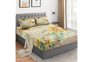 WeCozy 4 Pieces Queen Size Bed Sheet Sets with Pillowcases, Sunflower Floral Yellow Soft Microfiber Bedding for Kids and Adults, Flower Rustic Flat, Fitted Sheet for Bedroom Bed Decor