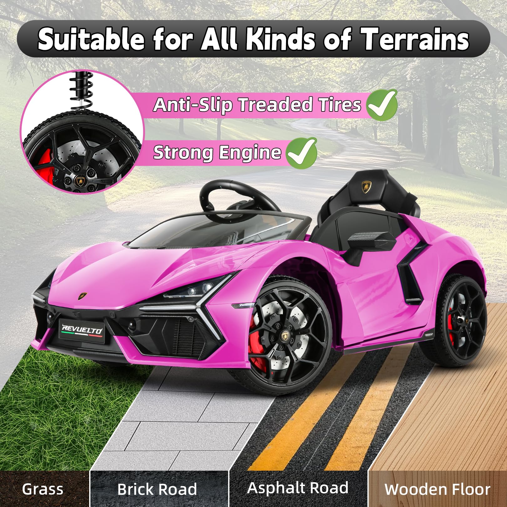 Hikole Lamborghini Toy Car, 12V Electric Sport car, with Remote Control, Motorized Cars for Toddlers, Hydraulic Doors, Brake Caliper, 3 Speeds, Safety Belt, Music/USB/Bluetooth, Hot Pink