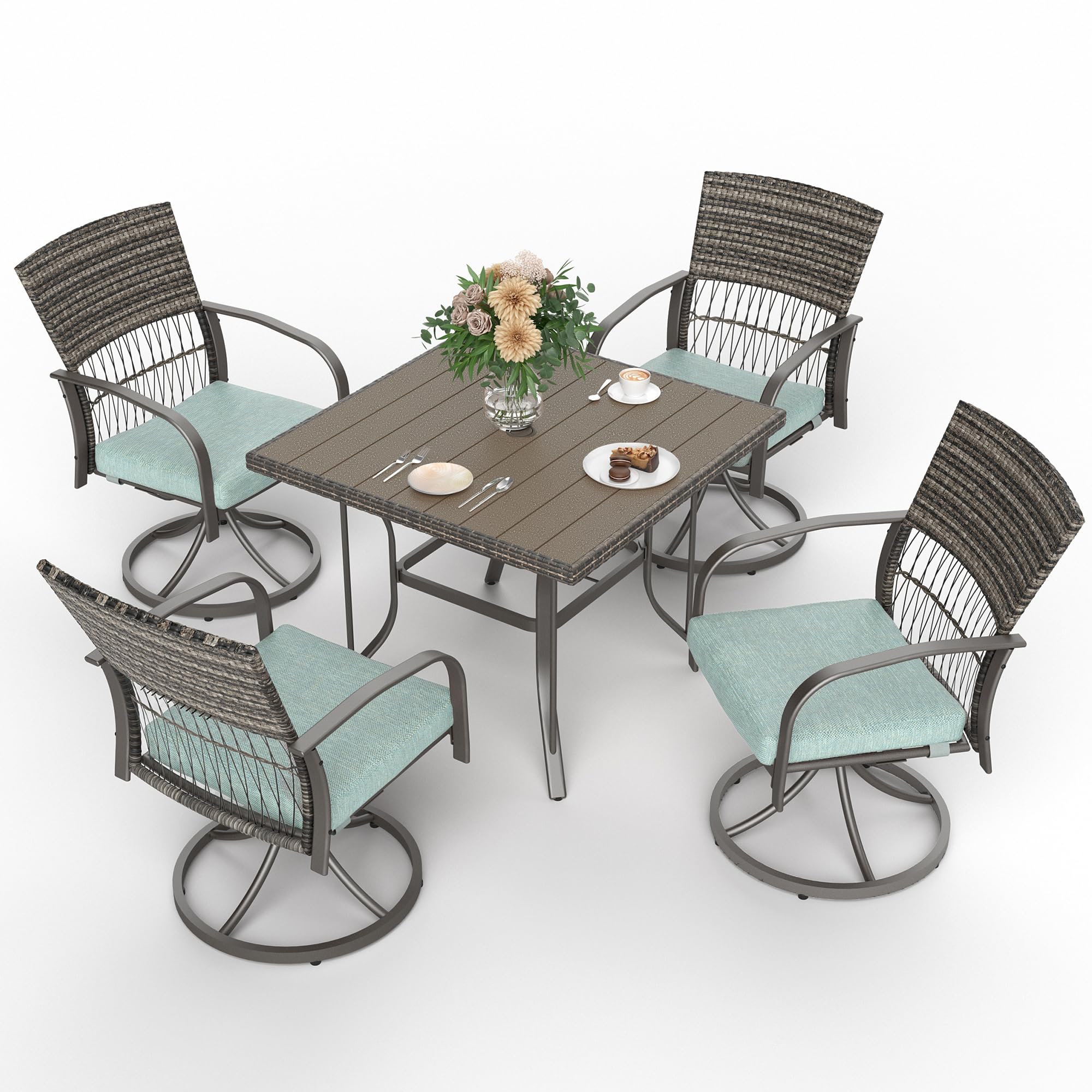 Photo 1 of **3 BOXES**Pamapic 5 Piece Patio Dining Set for 4,Outdoor Wicker Furniture Set for Backyard Garden Deck Poolside with 4 Cushions Swivel Rocker Chairs, Square Iron Slats Table Top, Removable Cushions(Green)