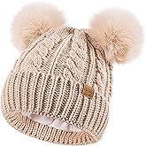 PIOZAED Women's Winter Hat Soft Knit Beanie with Faux Fur Pom Hat with Warm Fleece Lining Skull Cap for Women