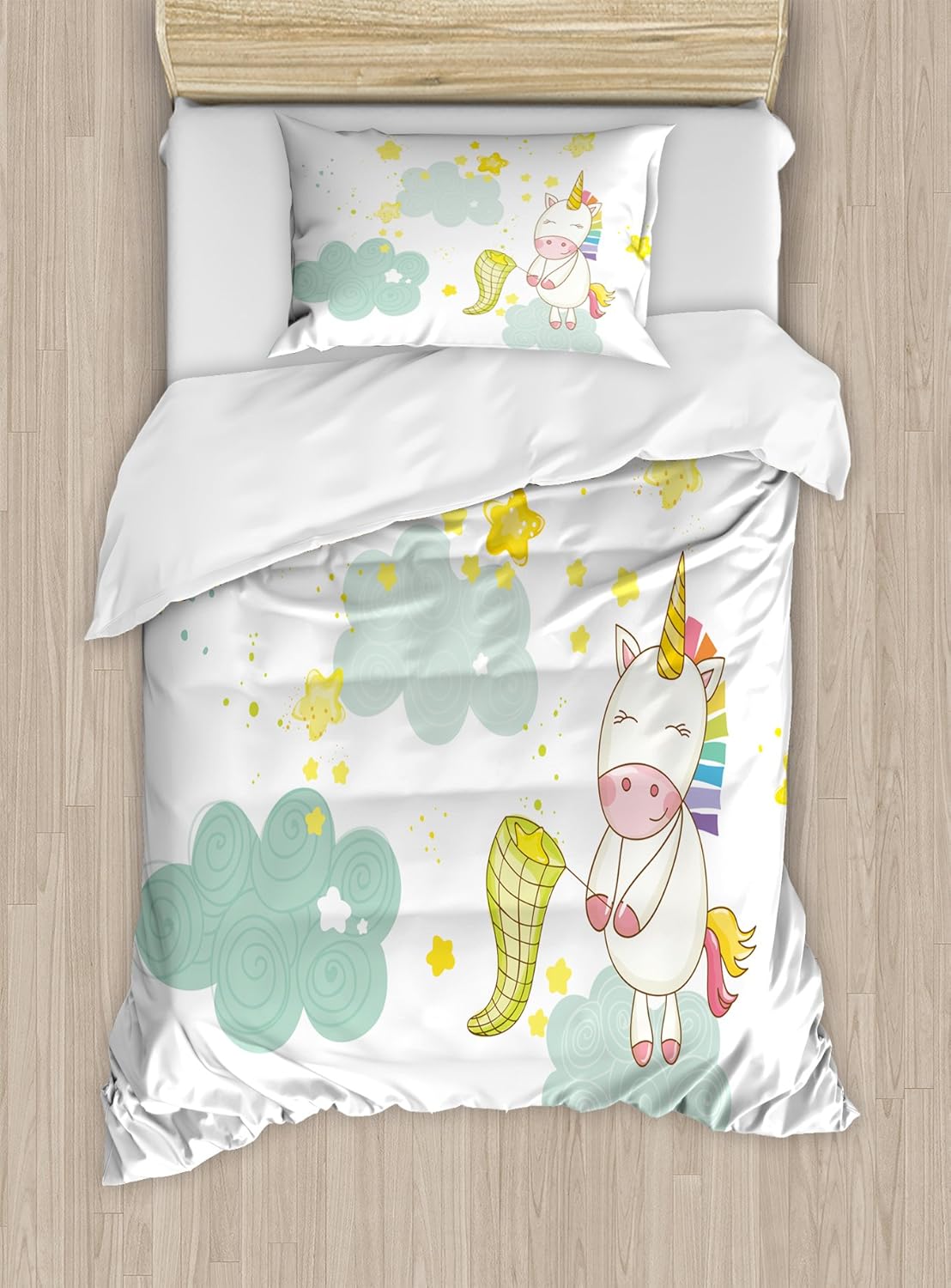 Ambesonne Unicorn Duvet Cover Set, Baby Mystic Unicorn Girl Sitting on Fluffy Clouds and Hunting Nursery Image Print, Decorative 2 Piece Bedding Set with 1 Pillow Sham, Twin Size, Green Yellow
