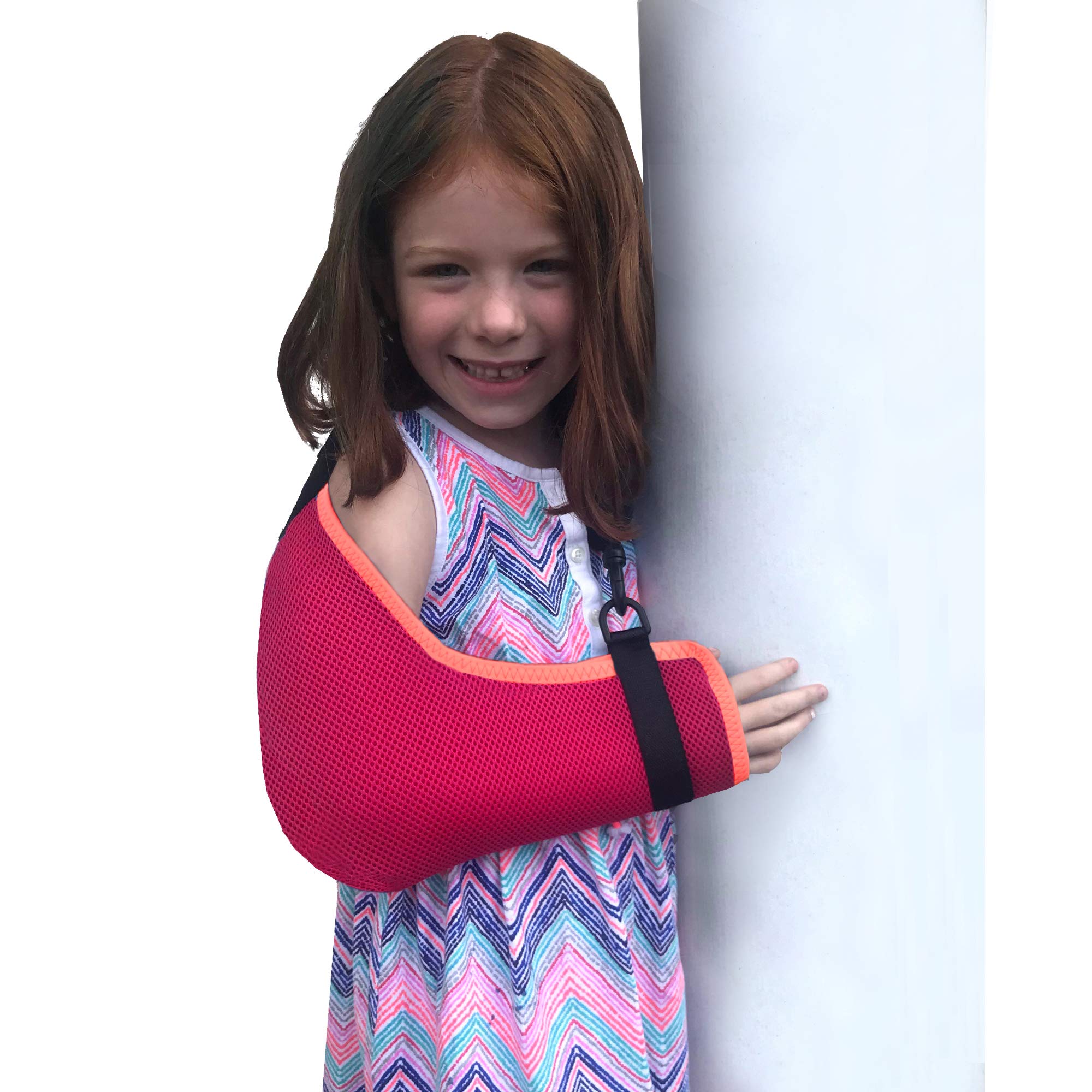 4DflexiSPORT Arm Sling Child, Easy to Fit, Cooling Fabric Technology, Includes Happy Healing Sticker. 4-5yr Rasp/Coral Trim — image 1