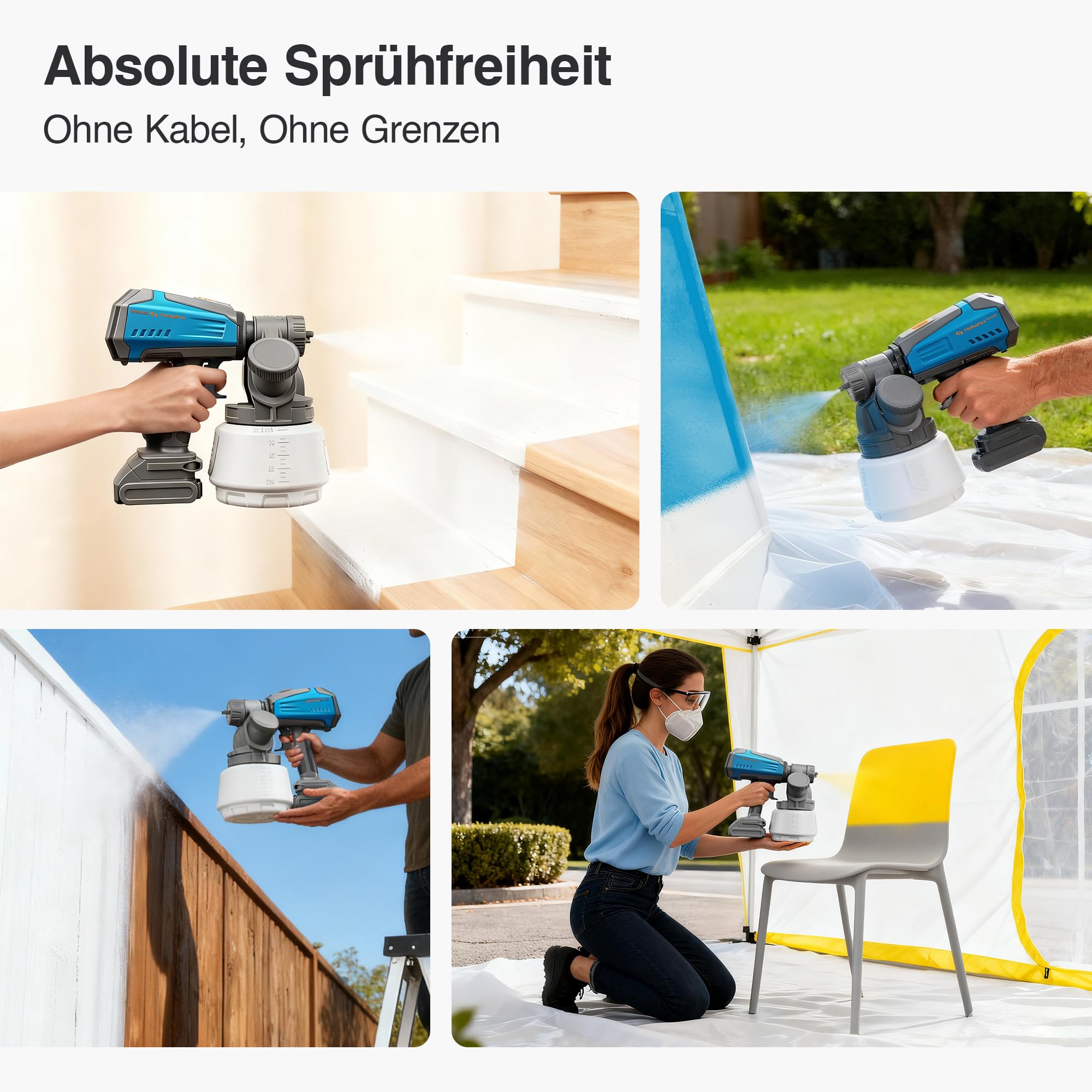 Tilswall Akku Farbsprühsystem Shark700, Elektro Lackierpistole mit bürstenlosem Motor, 1300ml seitlichem Farbbehälter, kompatibel mit Makita 18V Akku (ohne Akku), Farbsprühgerät für Wände 4