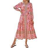 R.Vivimos Women's Long Sleeve Boho Midi Dress V Neck Floral Print Casual Button Down Loose Ruffle Beach Long Dress with Belt