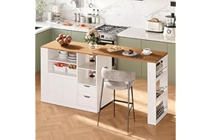 RoyalCraft 75.8'' Kitchen Island with Extendable Table, Storage Island for Kitchen with 3 Side Shelves and 2 Drawers, Wood Coffee Bar Table for Dining Room, Home Bar, White