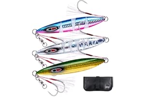 Goture Slow Flat Fall Luminous Lead Vertical Saltwater Artificial Lure Jig Fishing Lure with Two Assist Mustad Hook for Tuna Kingfish Bass Salmon