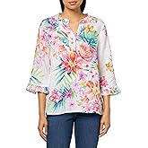 john mark Women's Floral Printed V-Neck Top with Ruffle and Pintuck Details