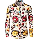 PARKLEES Men's Cotton Linen-Like 70s Disco Retro Traditional Pattern Printed Long Sleeve Button Down Shirt