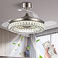 ANFERSONLIGHT 42'' Fandelier Ceiling Fans with Light and Remote, Modern Retractable Crystal Ceiling Fan for Bedroom, Living Room,6-Speed, 3-Color Temperature, Reversible DC Motor - Brushed Nickel