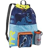 TYR Big Mesh Mummy Backpack, Blue/Yellow | 40L Capacity | Mesh Drainage | Side Zip Pocket | Barrel-Lock Closure