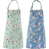 DDJYP Women Kitchen Apron-2 Pack, Cotton Canvas Flower Apron, Floral Pattern Apron with Pockets for Women Chef Apron(Green&Blue)
