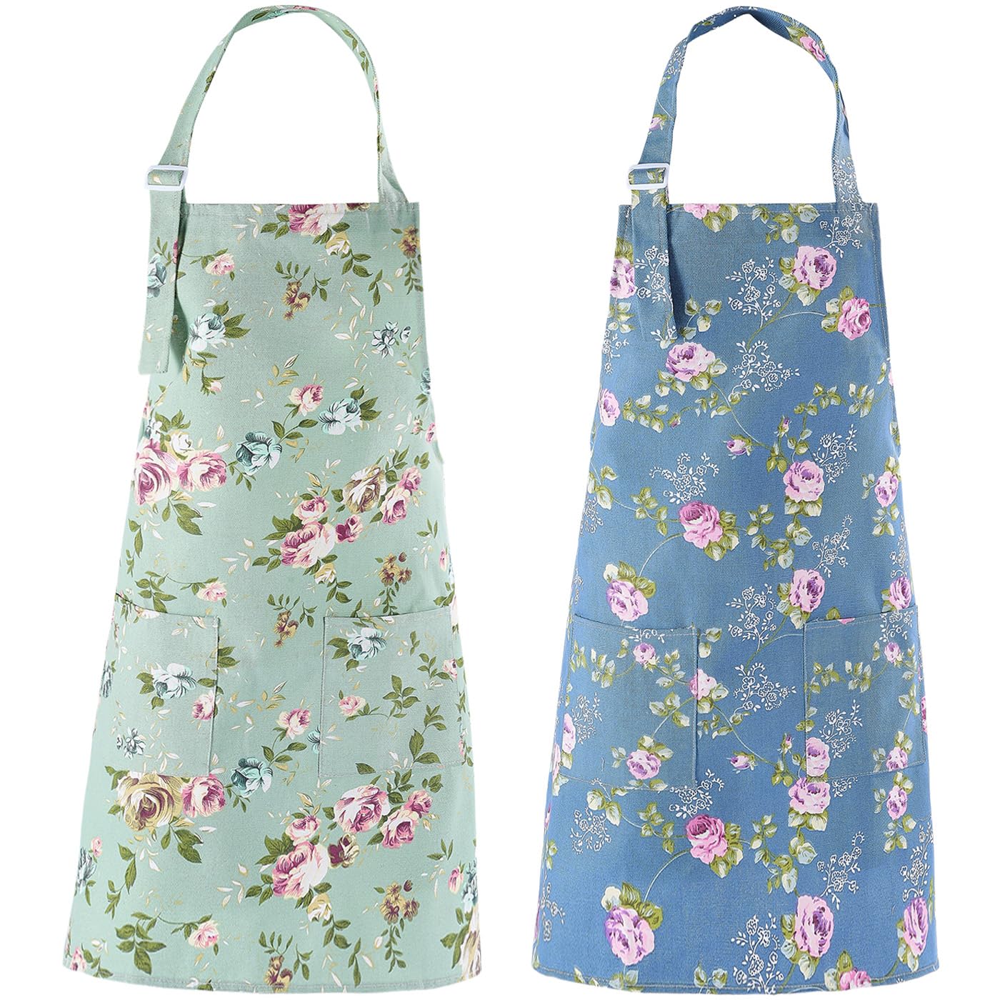 DDJYP HOMKITN Women Kitchen Apron-2 Pack, Cotton Canvas Flower Apron, Floral Pattern Apron with Pockets for Women Chef Apron(Green&Blue)