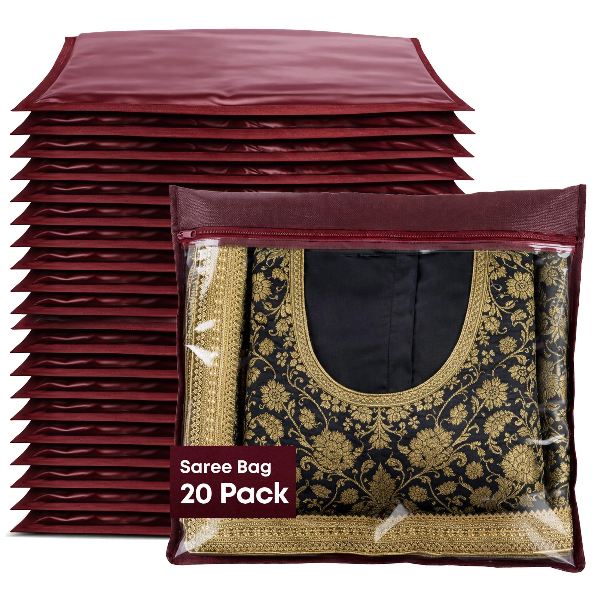 LIVIVO Pack of 20 Saree Storage Bags – Clear Zip Garment Organisers for Sarees, Dresses & Clothes – Dust-Proof, Moisture-Resistant Wardrobe Storage with Transparent Window (Red, 42x35cm)
