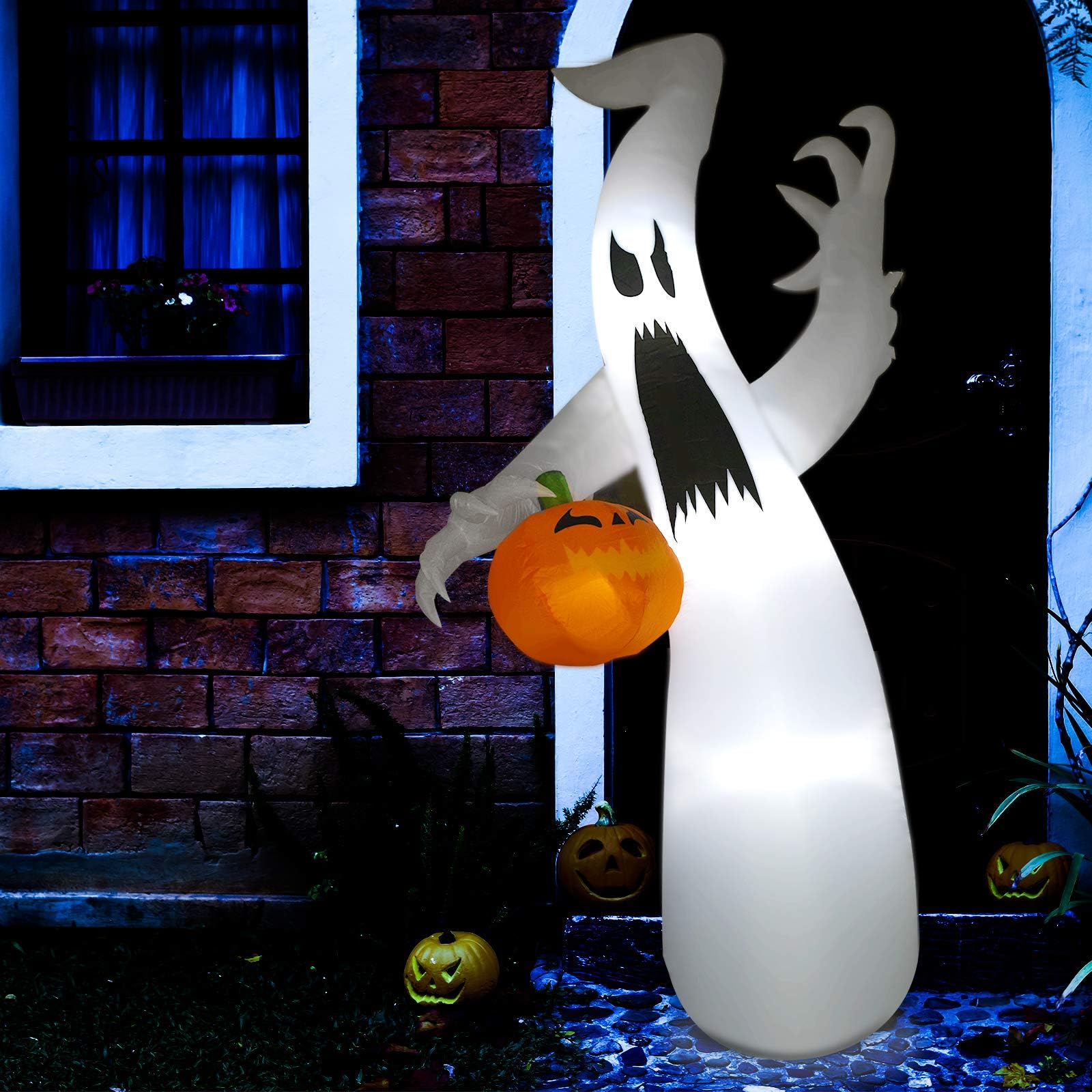 Sunlit 8 Ft Halloween Inflatable Outdoor Scary Ghost with Pumpkin with Blower and Adapter, Inflatables for Home Yard Garden Indoor Porch Outdoor Decoration Halloween Party, Trick or Treat Night
