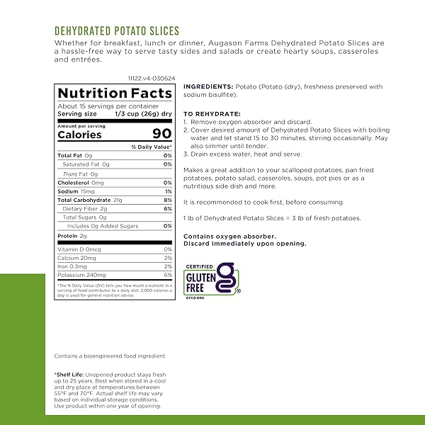 AUGASON FARMS DEHYDRATED POTATO SLICES EMERGENCY FOOD SUPPLY, 15 SERVINGS, 25 YEAR SHELF LIFE, CERTIFIED GLUTEN FREE SLICED POTATOES – DEHYDRATED MEALS, SURVIVAL FOOD CAMPING ESSENTIALS CAN