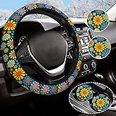 Hippie Daisy Flower Steering Wheel Cover for Women Men with 2 Pcs Car Coasters, Universal 14.5-15 Inch Rainbow Steering Wheel Covers Non-Slip Car Accessories for Girls