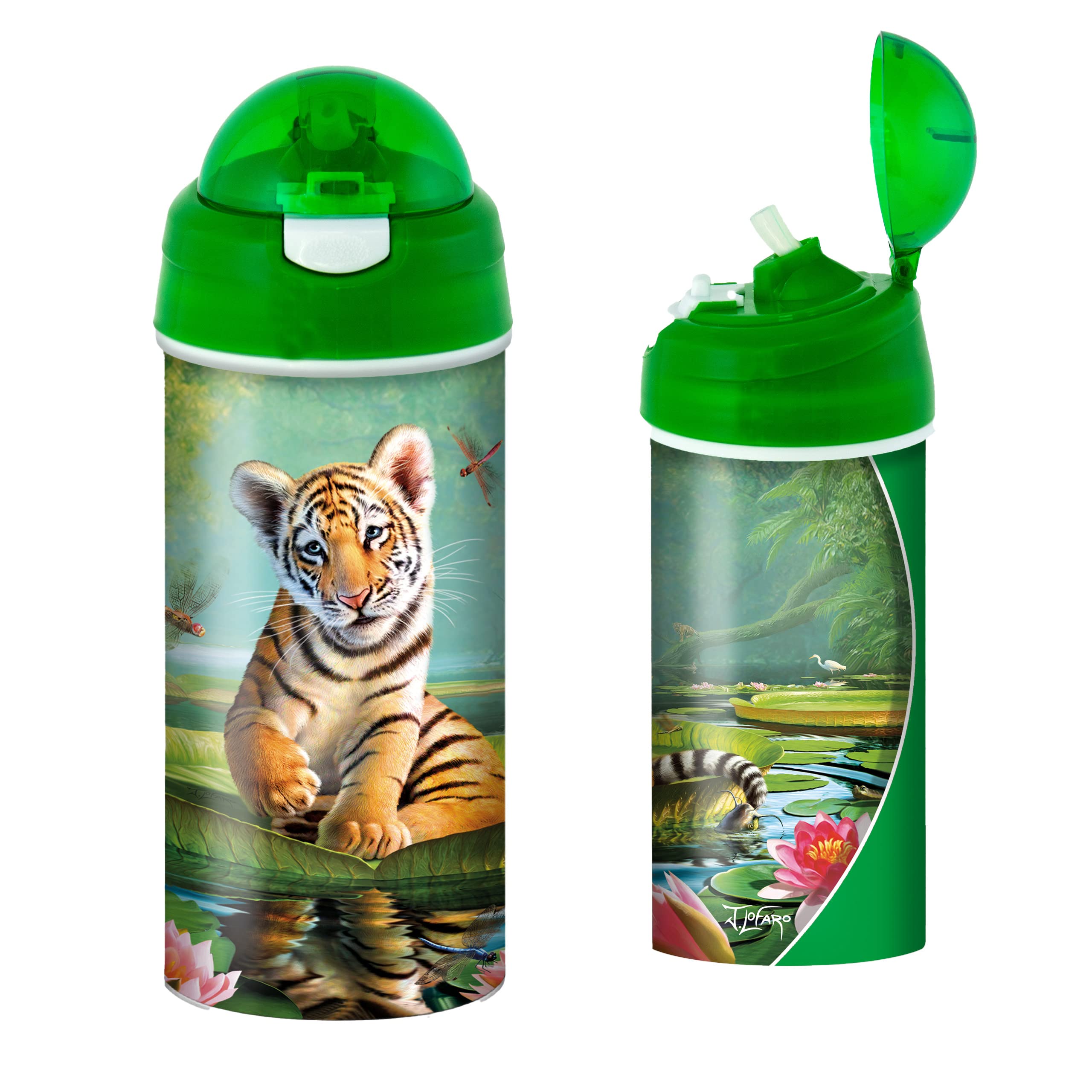 3D LiveLife Drinking Bottle - Tiger Lily from Deluxebase. 3D Lenticular 600ml BPA Free Reusable Green Water Bottle with Straw and Flip Top Lid. Leak Proof Animal Drinks Bottles with Tiger Design.