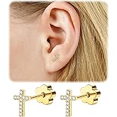 EQFE 14K Gold Plated Small Stud Earrings for Girls Women Hypoallergenic Surgical Steel Cartilage Flat Back Stud Earrings CZ Cross Dot Bar Heart Handmade Screw Back Earrings Studs