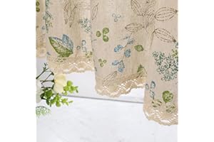 Moslovstar Farmhouse Cotton Linen Tier Curtain 36 Inch Long Elegant Floral Lace Window Treatment Kitchen Bathroom Short Curtain, 1 Panel, Leaves and Flower on Beige