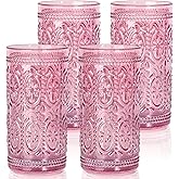 abrwyy Drinking Highball Beverage Glass Cup, Vintage Drinking Glasses, Colored Glassware Set for Party Wedding Home Office Gift, Set of 4 ,Pink